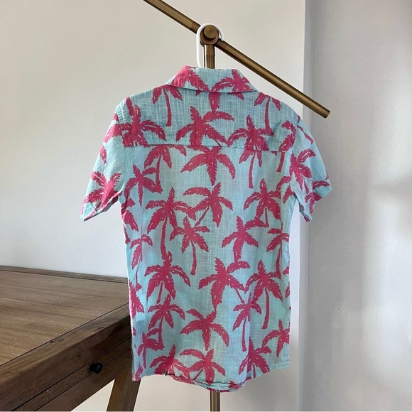 Tropical Button Down Short-sleeve Dress Shirt Mint and Coral Palm Print Boys 6/7 - Picture 2 of 3